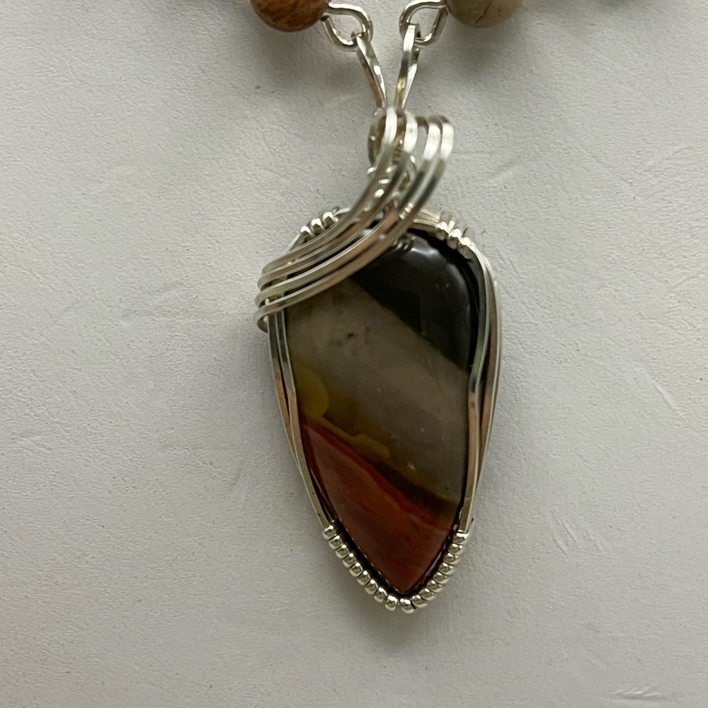 Artisan Sterling Silver and Brown Polychrome Gemstone Necklace